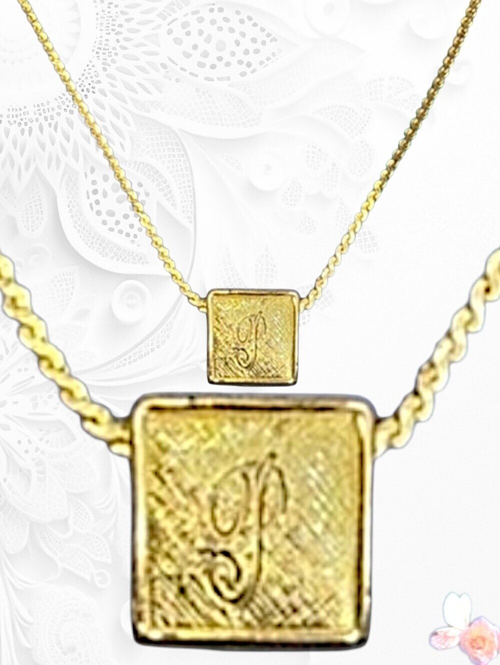 Vintage Initial P Square Pendant Necklace Gold Tone 918